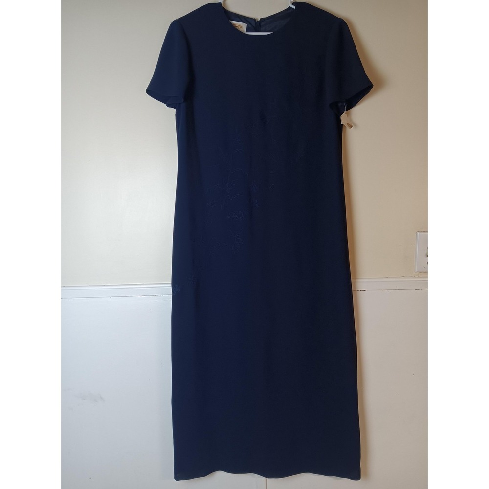 Talbots Dress Womens 10 Blue Floral Jacquard Sheath Short Sleeve Long Lined